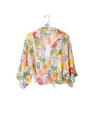 C&C California Tropical Print Linen Blend Button-Up Blouse Size Large NWT
